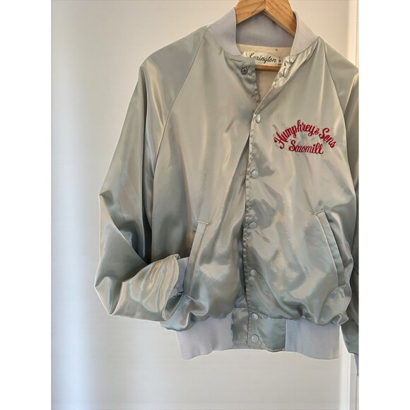Vintage Karington Satin Bomber Jacket Silver USA Humphreys Sawmill Medium - Picture 11 of 16